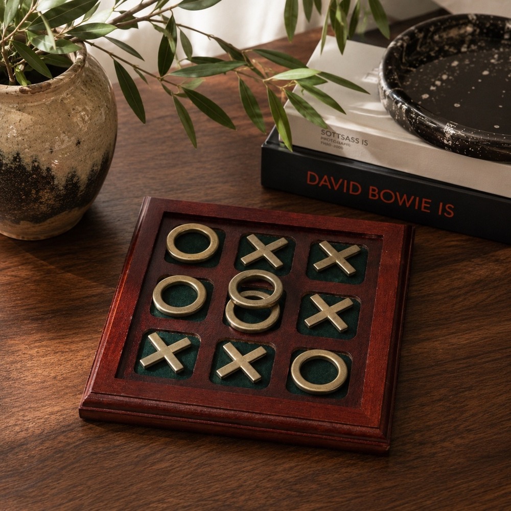 Vintage Brass Tic Tac Toe Game Wood Board Coffee Table Decor Retro Office Game